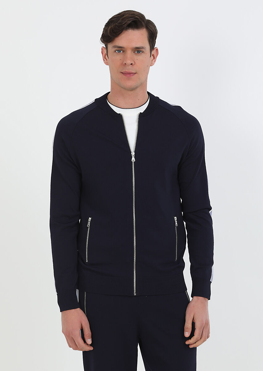 Navy Blue Crew Neck Plain Knitting Cardigan - 1