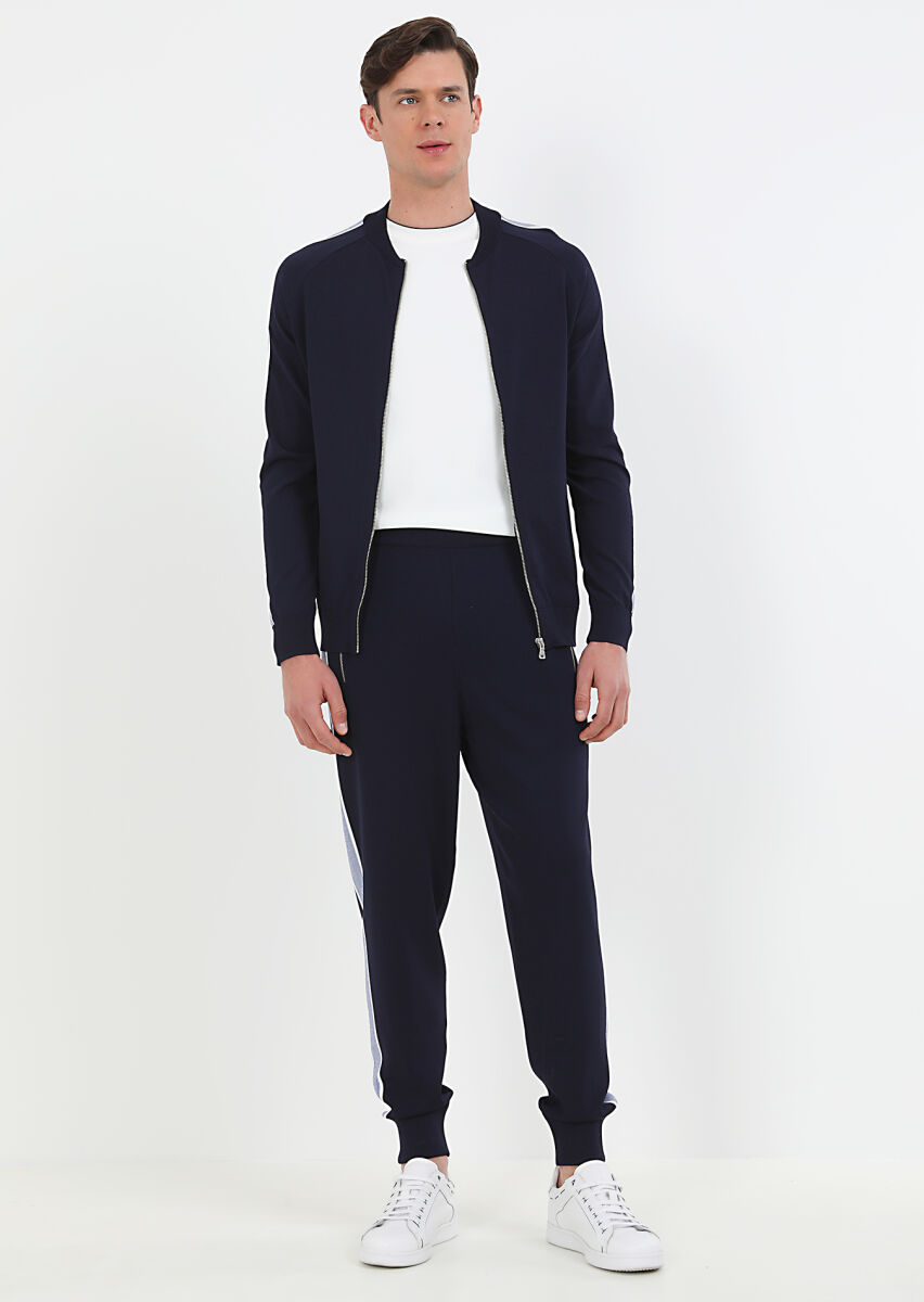 Navy Blue Crew Neck Plain Knitting Cardigan - 2