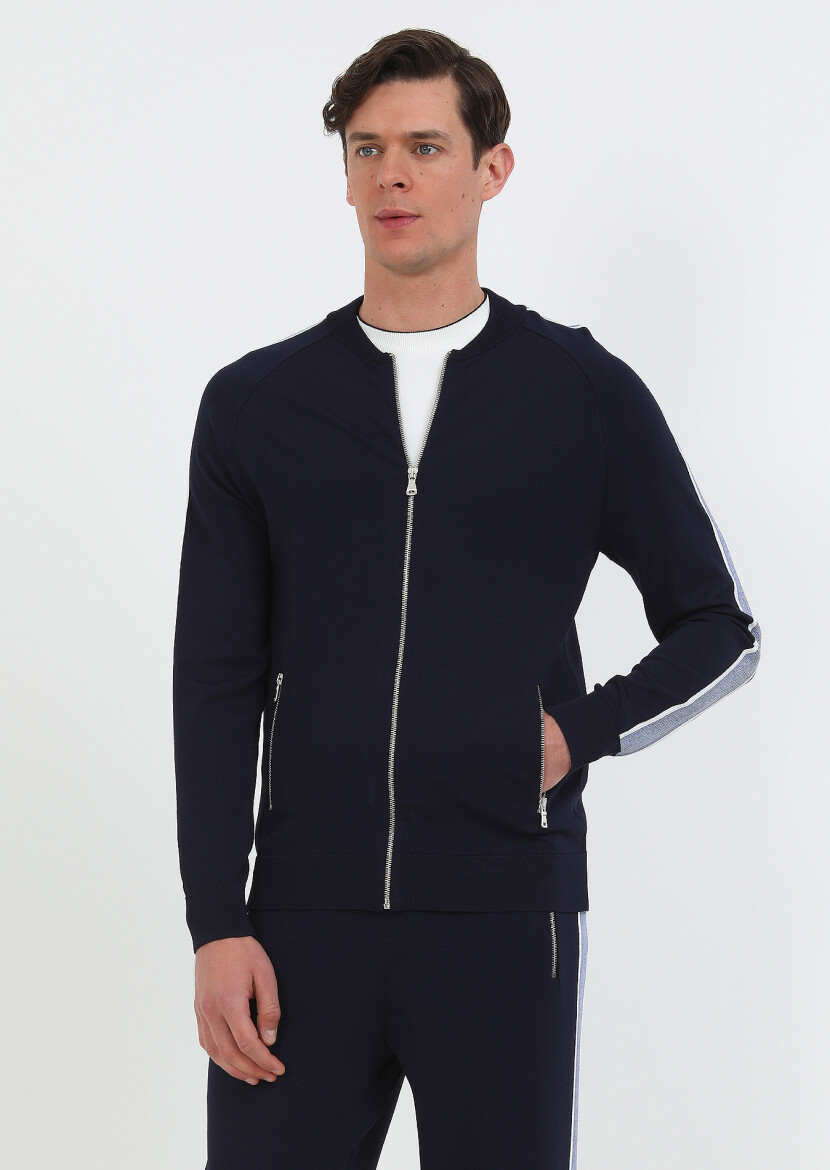 Navy Blue Crew Neck Plain Knitting Cardigan - 3