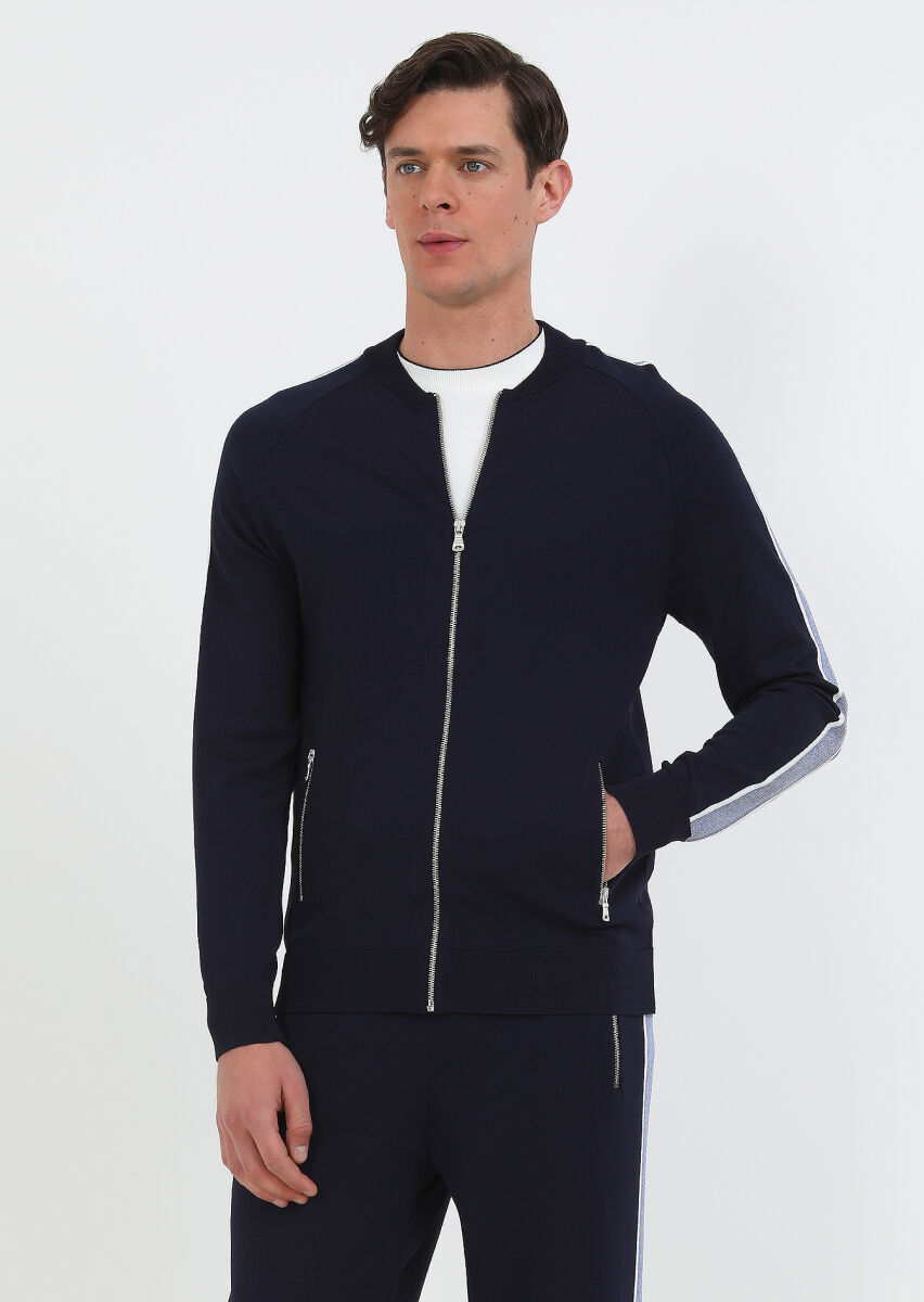 Navy Blue Crew Neck Plain Knitting Cardigan - 3