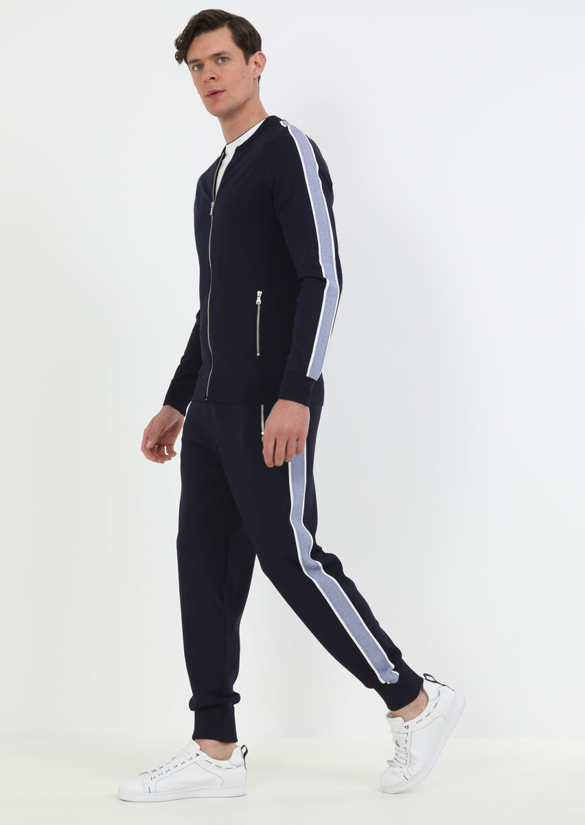 Navy Blue Crew Neck Plain Knitting Cardigan - 4