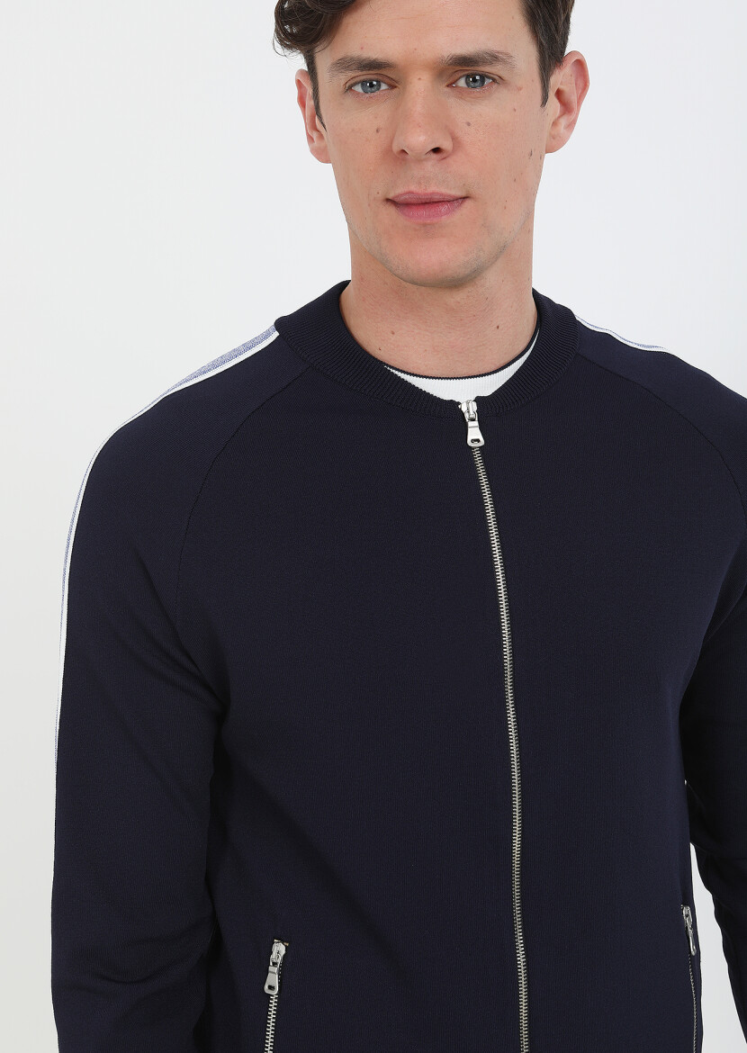 Navy Blue Crew Neck Plain Knitting Cardigan - 5