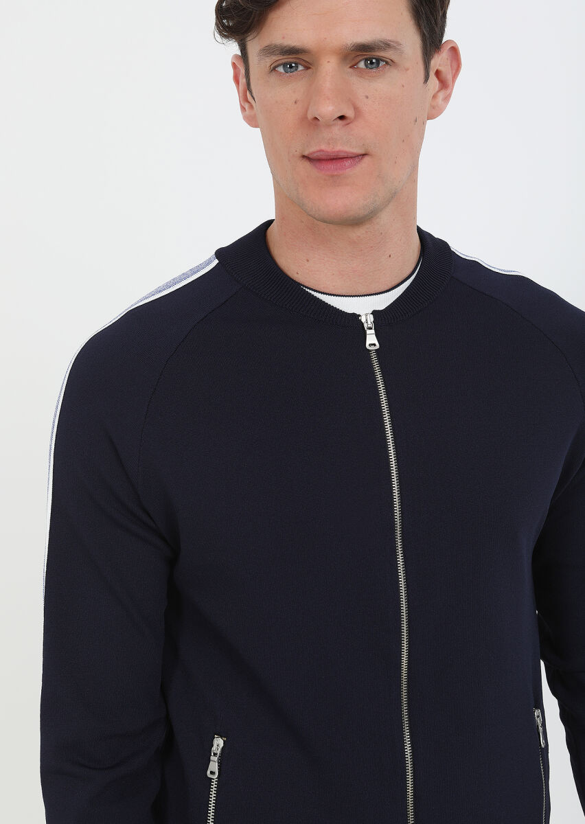 Navy Blue Crew Neck Plain Knitting Cardigan - 5