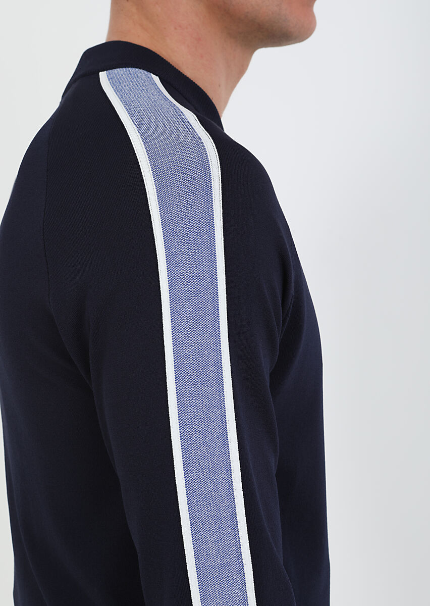 Navy Blue Crew Neck Plain Knitting Cardigan - 6