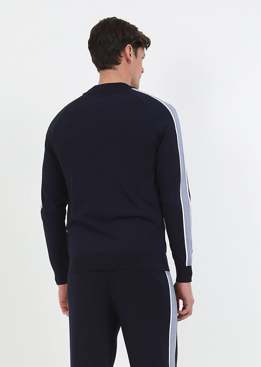 Navy Blue Crew Neck Plain Knitting Cardigan - 7