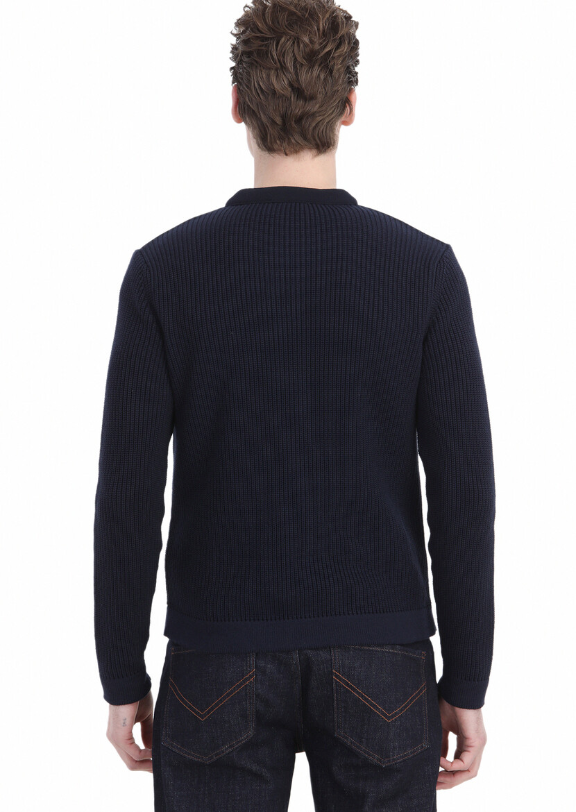 Navy Blue Crew Neck Plain Knitting Cotton Blended Cardigan - 6