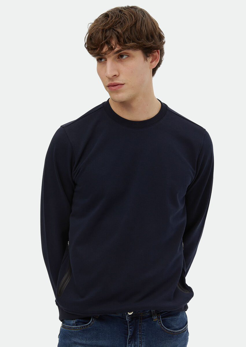 Navy Blue Crew Neck Plain Sweatshirt - 1