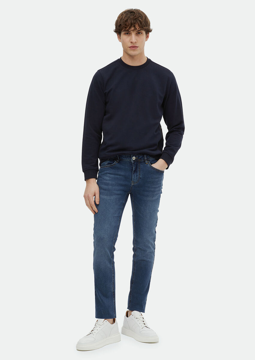 Navy Blue Crew Neck Plain Sweatshirt - 2