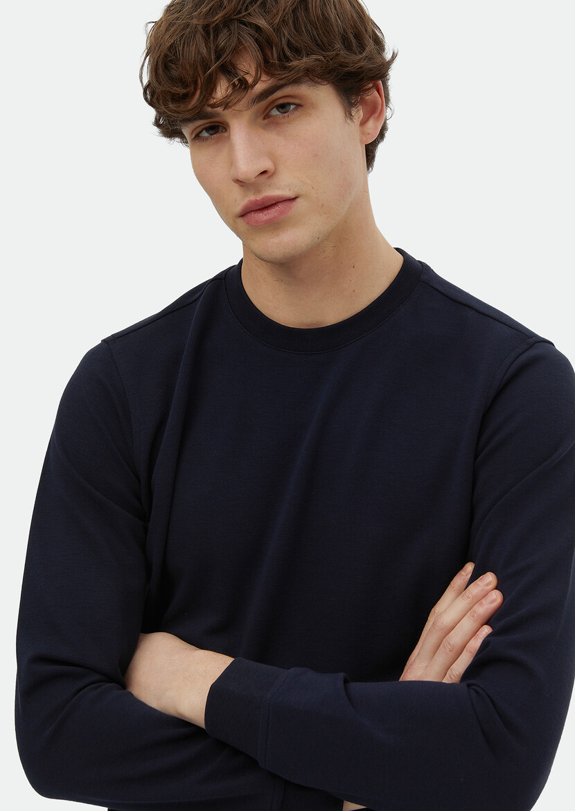 Navy Blue Crew Neck Plain Sweatshirt - 3