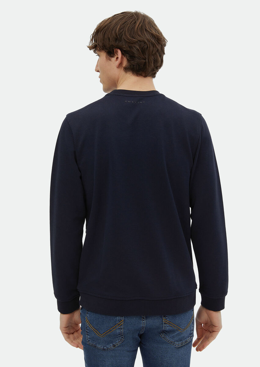 Navy Blue Crew Neck Plain Sweatshirt - 5