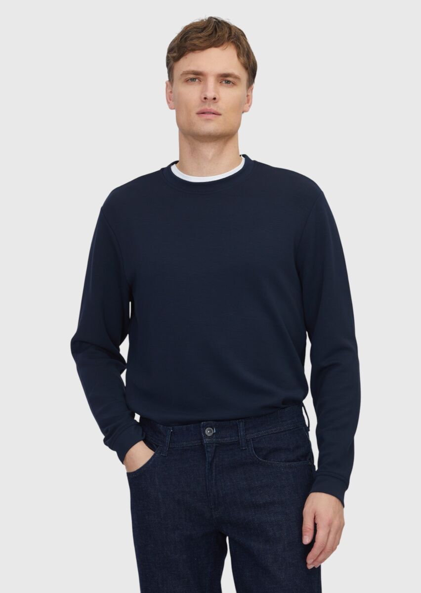 Navy Blue Crew Neck Plain Sweatshirt - 1