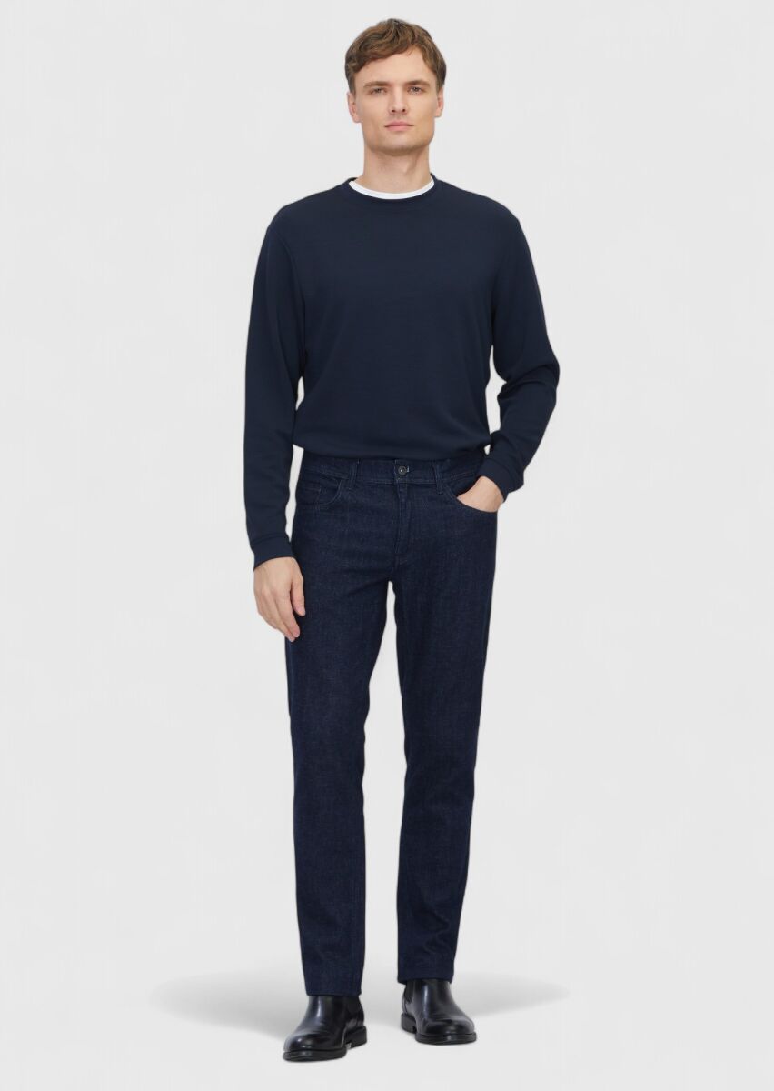 Navy Blue Crew Neck Plain Sweatshirt - 2