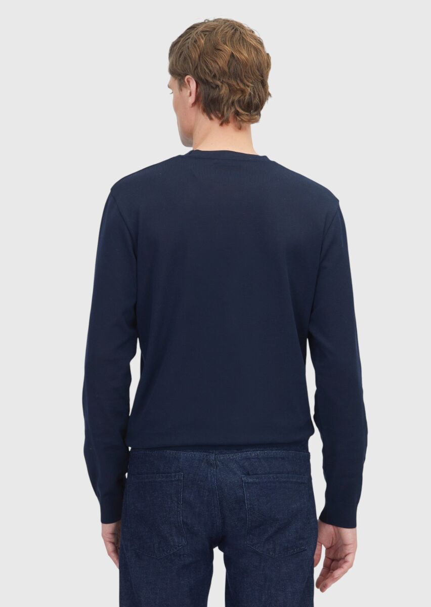 Navy Blue Crew Neck Plain Sweatshirt - 5