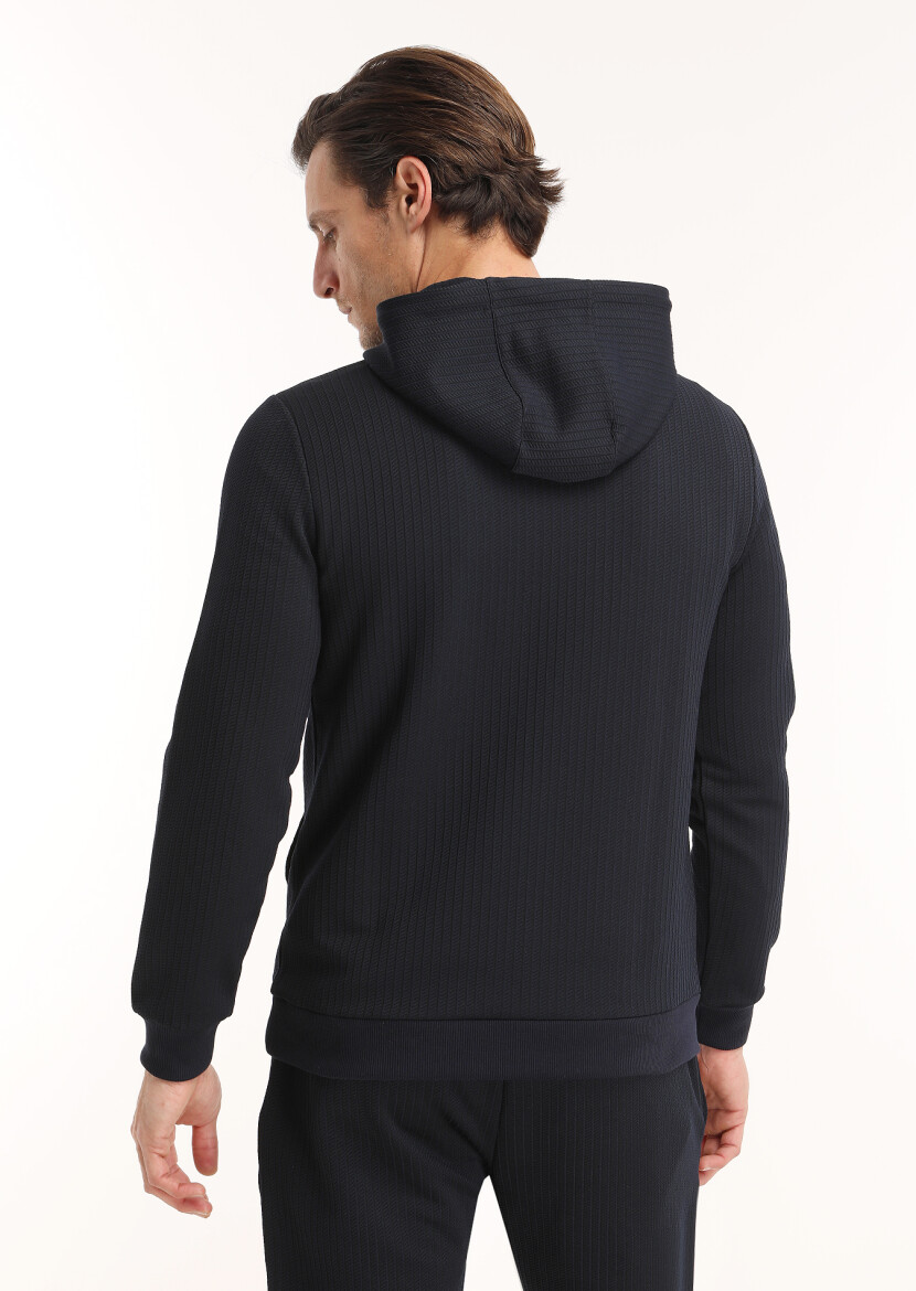 Navy Blue Hooded Jacquard Sweatshirt - 4