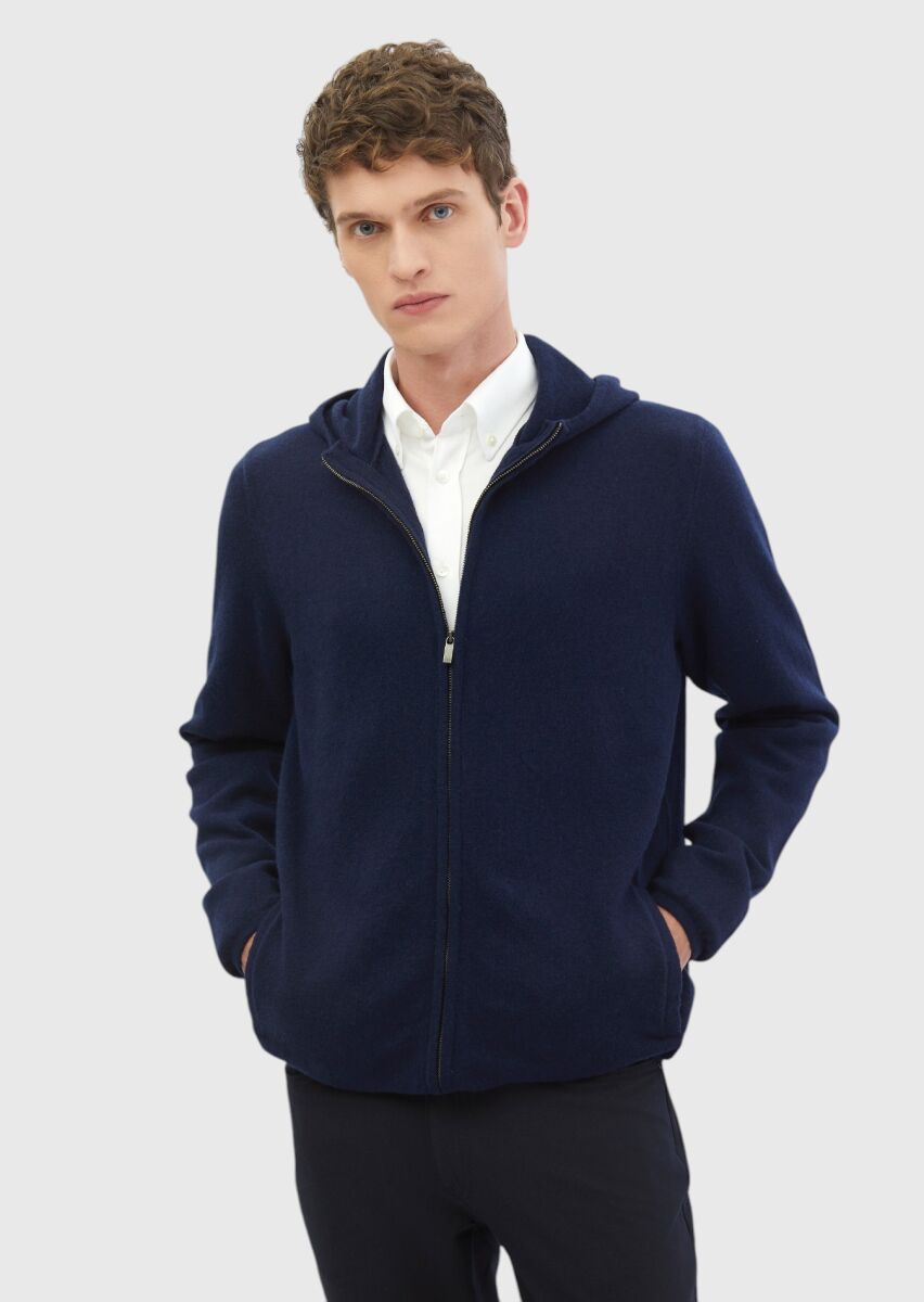 Navy Blue Hooded Plain Knitting 100% Wool Cardigan - 1