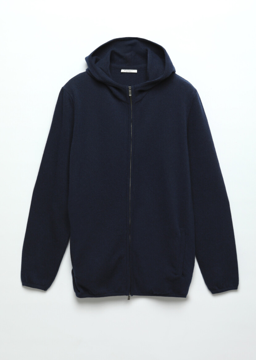 Navy Blue Hooded Plain Knitting 100% Wool Cardigan - 7