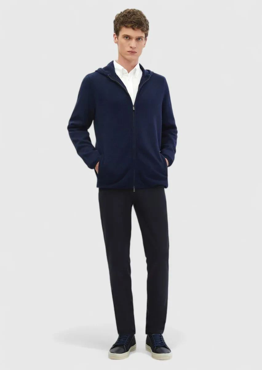 Navy Blue Hooded Plain Knitting 100% Wool Cardigan - 2