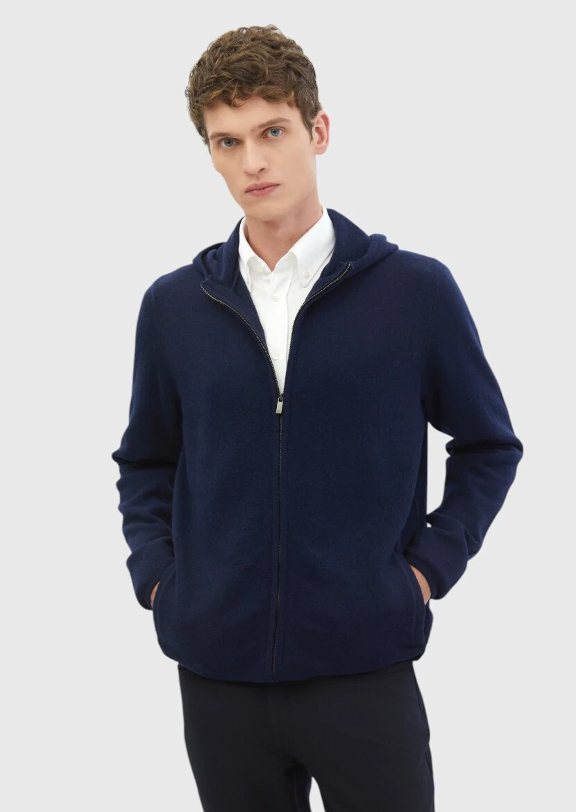 Navy Blue Hooded Plain Knitting 100% Wool Cardigan - RAMSEY