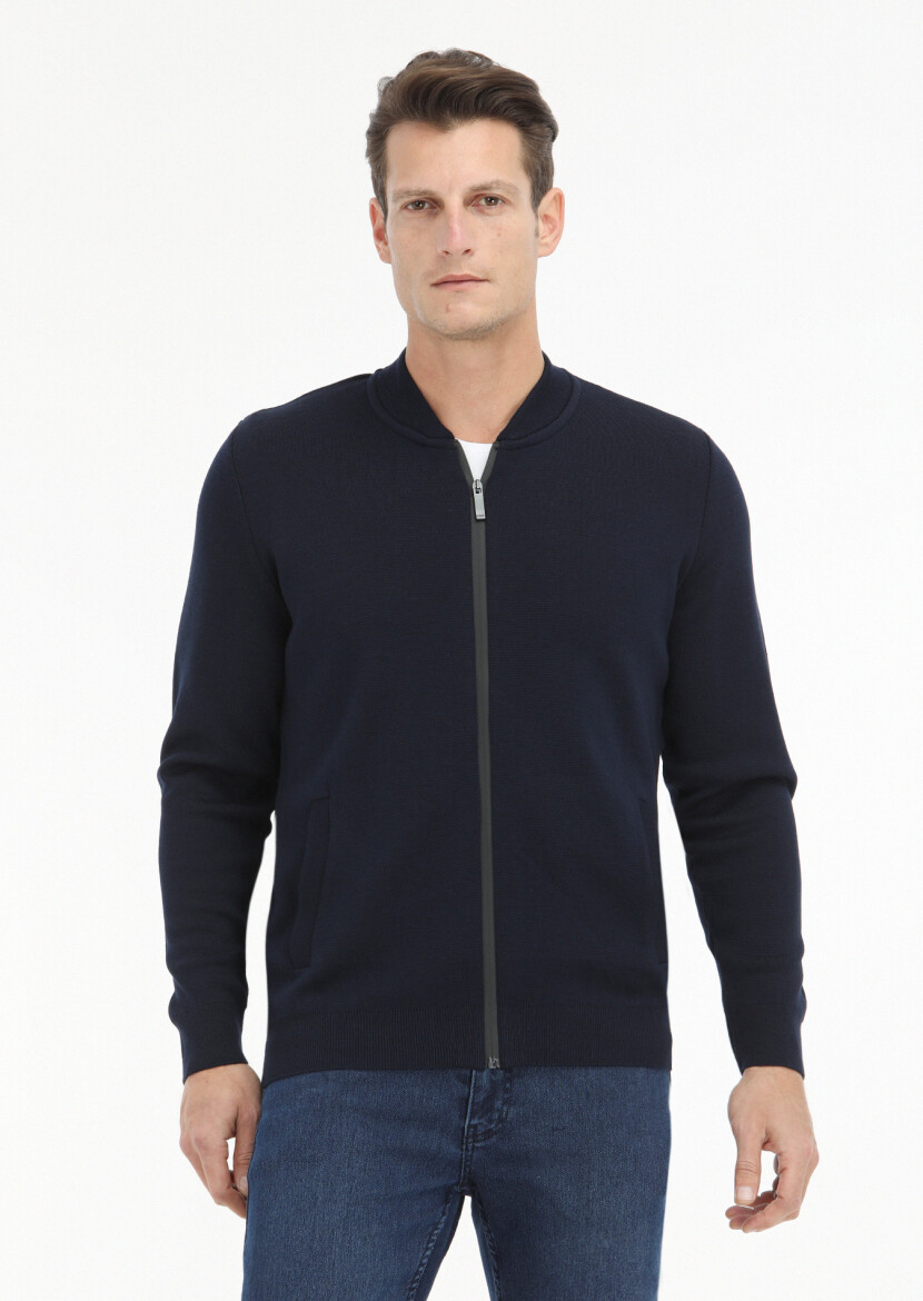 Navy Blue Hooded Plain Knitting Wool Blended Cardigan 