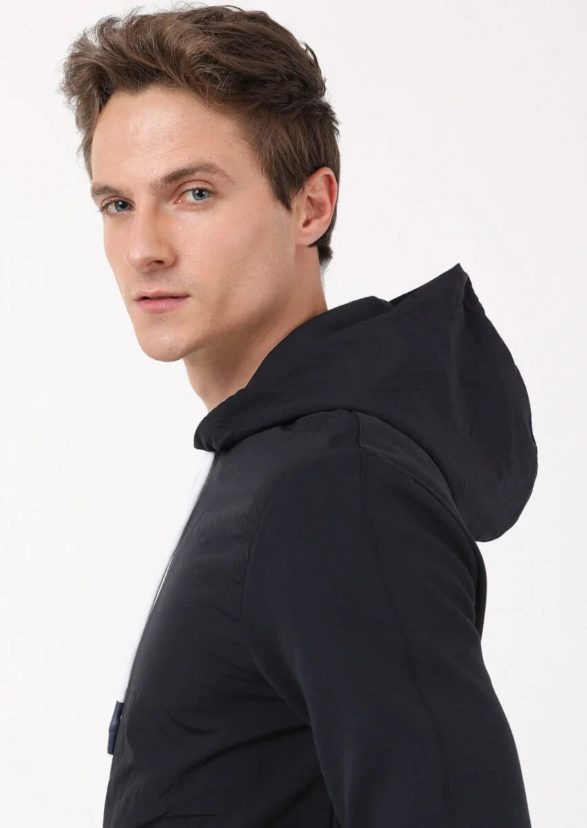 Navy Blue Hooded Plain Sweatshirt - 4