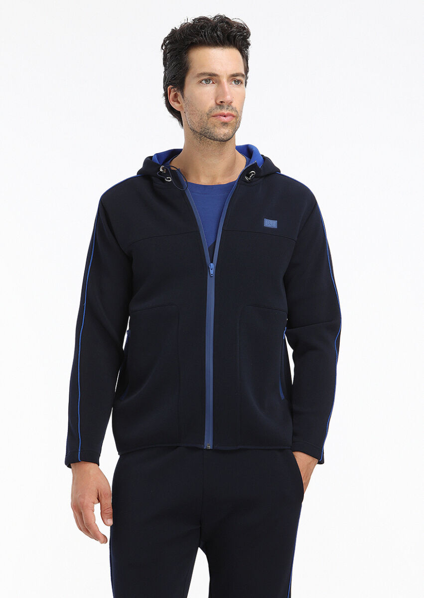 Navy Blue Hooded Plain Sweatshirt - 2