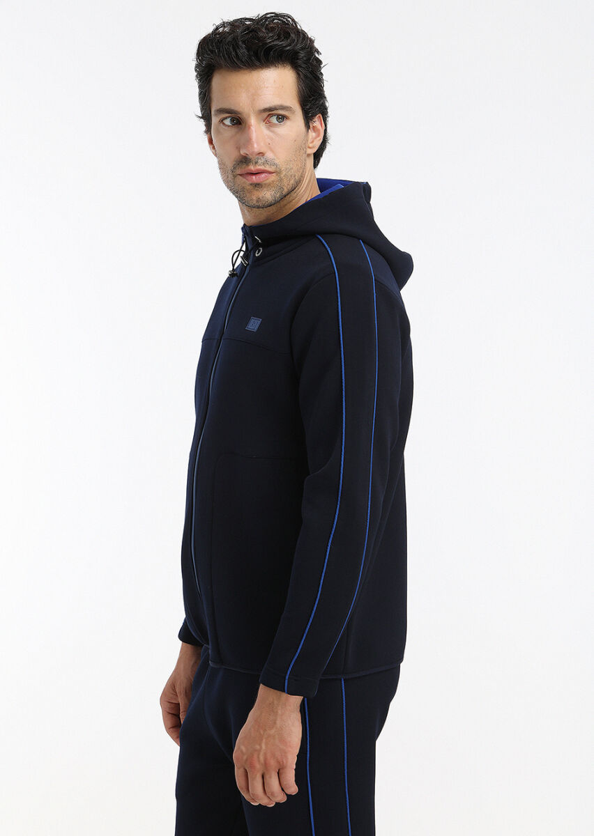Navy Blue Hooded Plain Sweatshirt - 4