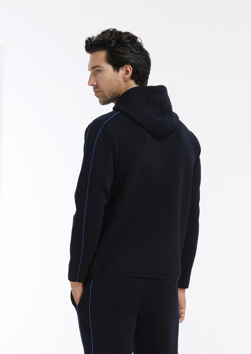 Navy Blue Hooded Plain Sweatshirt - 6