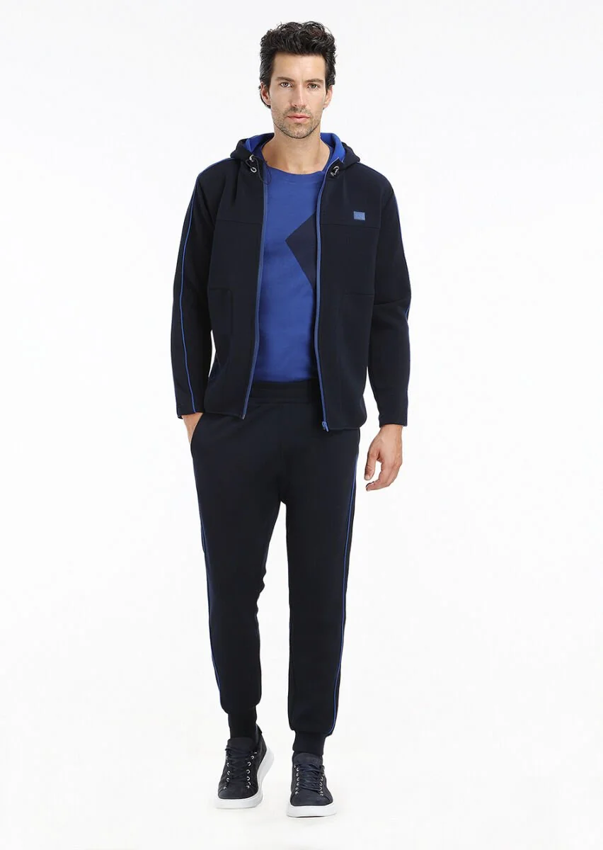 Navy Blue Hooded Plain Sweatshirt - 1