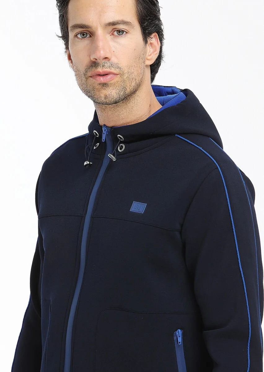 Navy Blue Hooded Plain Sweatshirt - 3