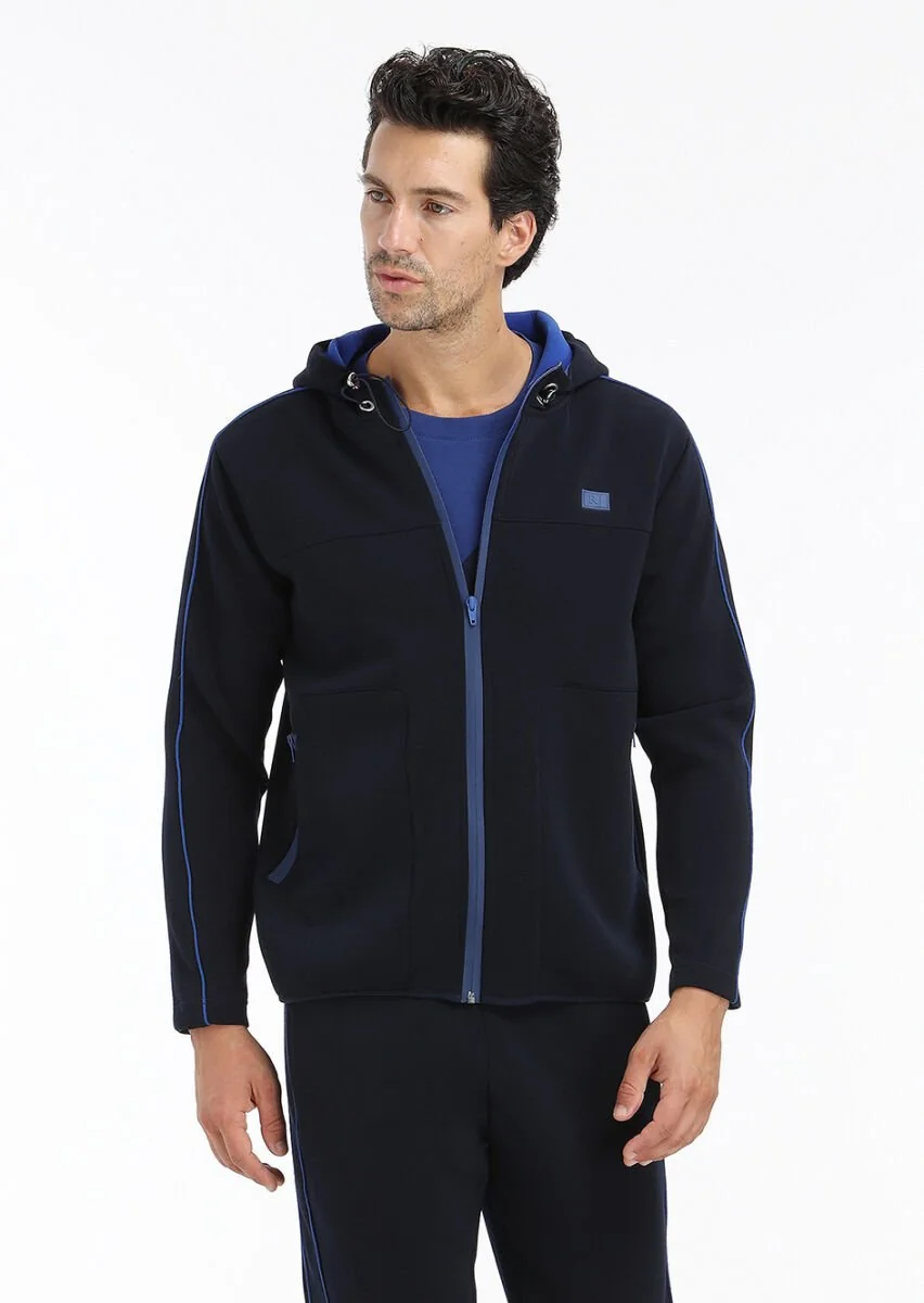 Navy Blue Hooded Plain Sweatshirt - 5