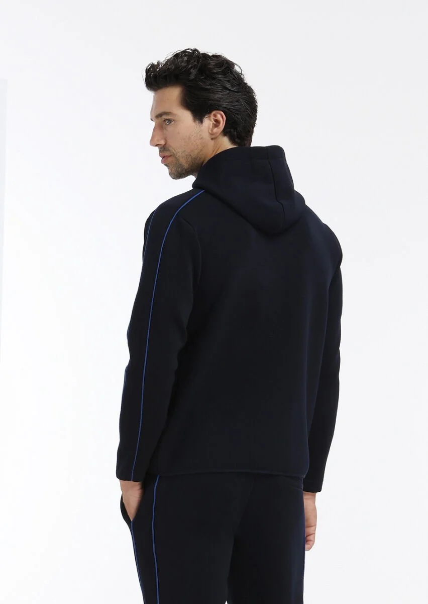 Navy Blue Hooded Plain Sweatshirt - 6