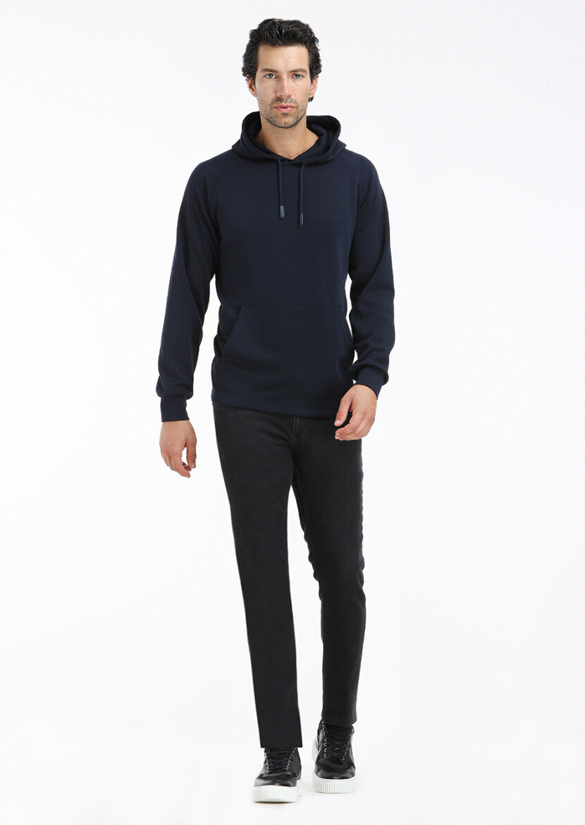 Navy Blue Hooded Plain Sweatshirt - 1