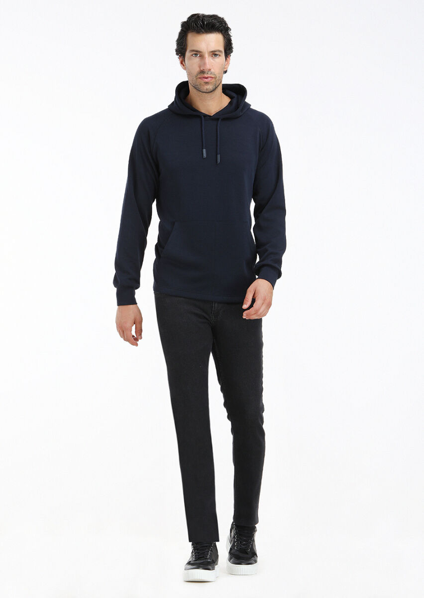 Navy Blue Hooded Plain Sweatshirt - 1