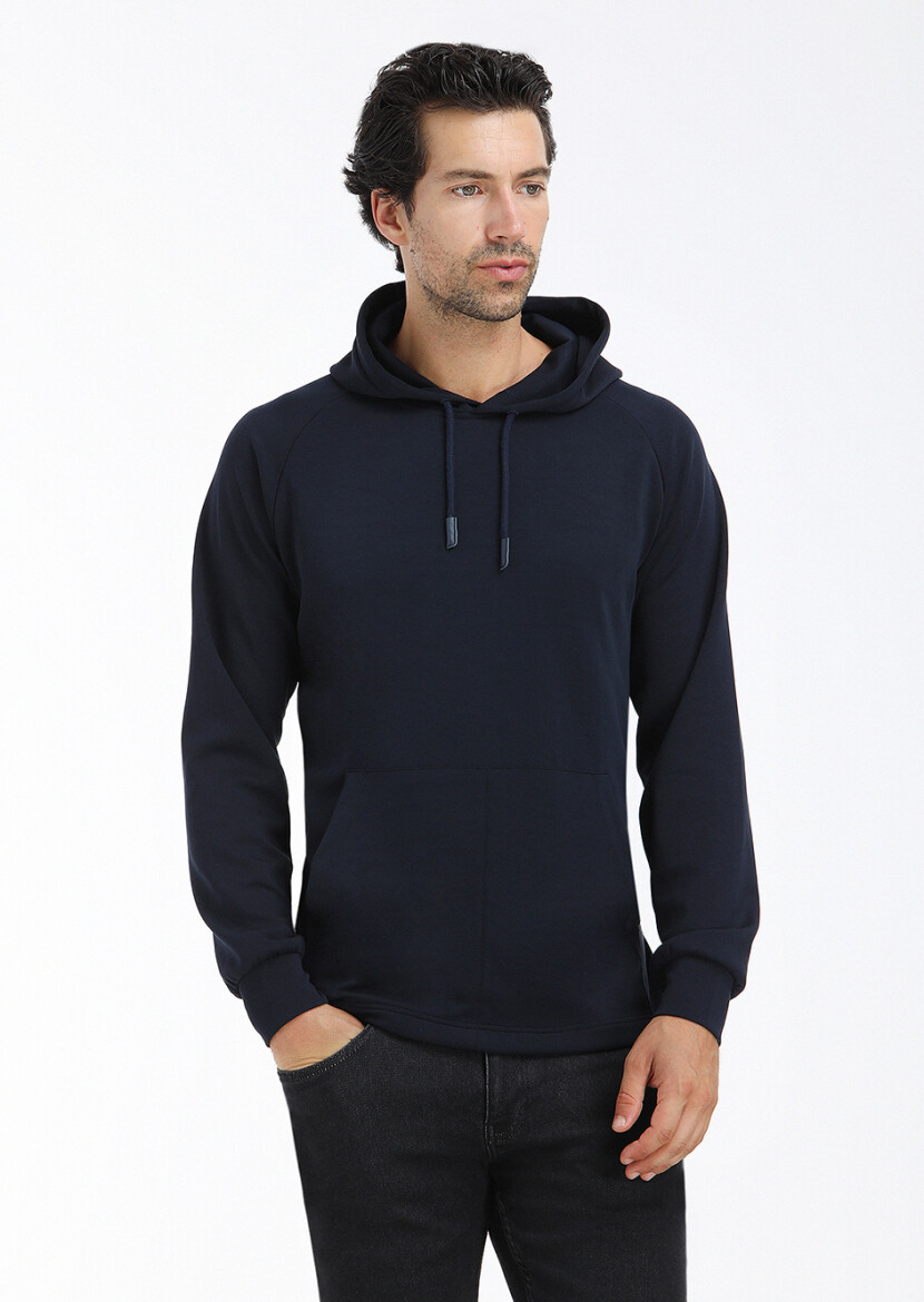 Navy Blue Hooded Plain Sweatshirt 