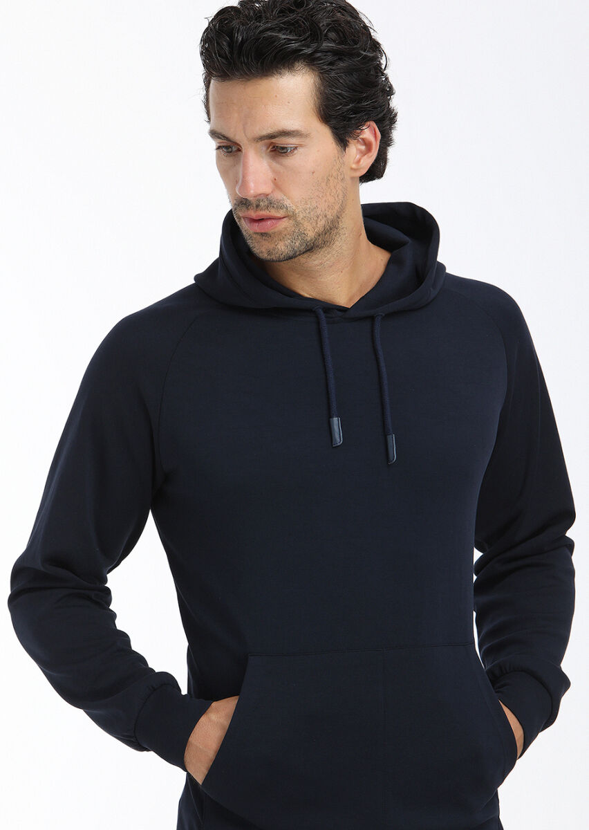 Navy Blue Hooded Plain Sweatshirt - 3