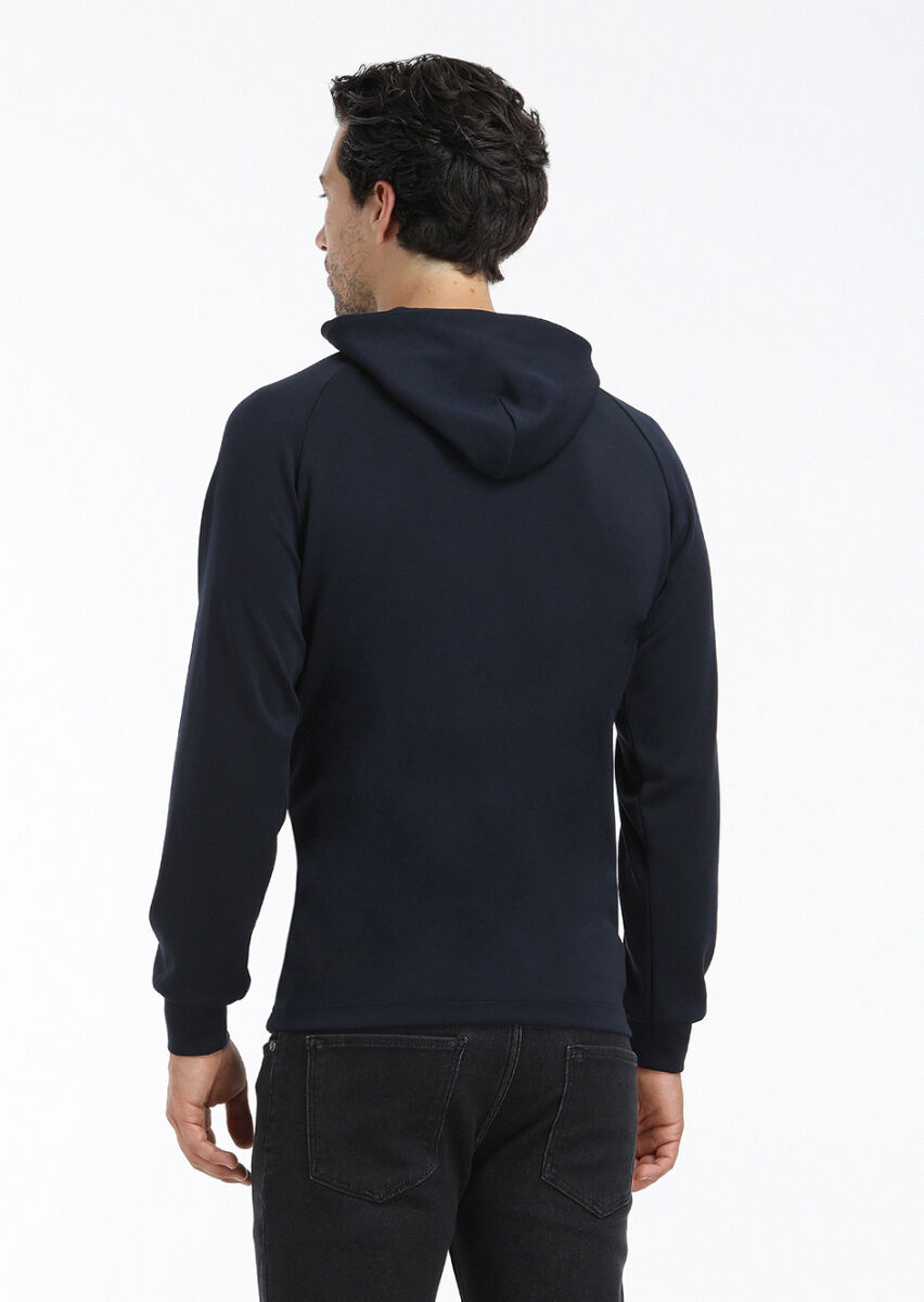 Navy Blue Hooded Plain Sweatshirt - 4