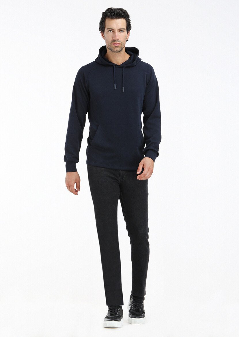 Navy Blue Hooded Plain Sweatshirt - 1