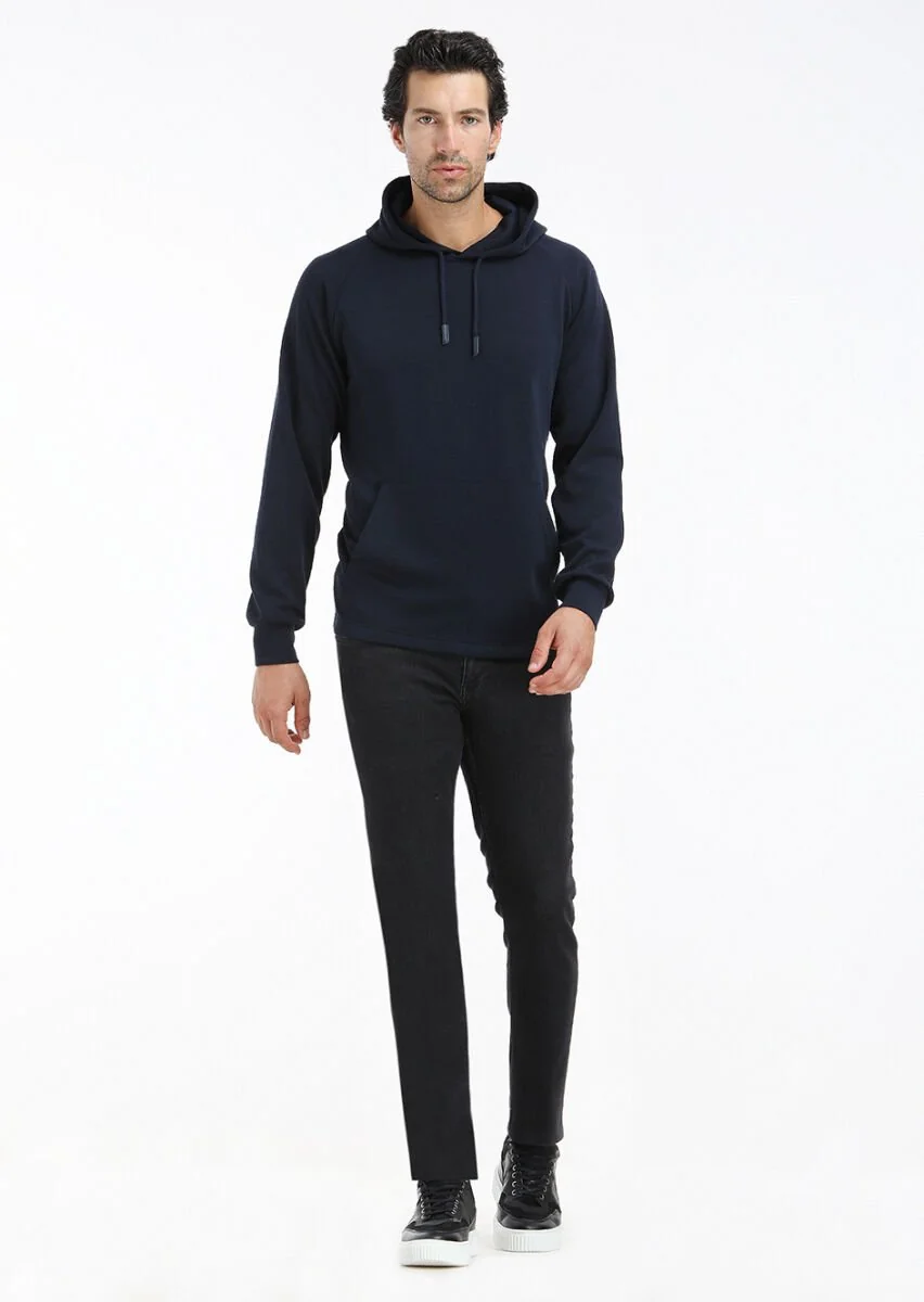 Navy Blue Hooded Plain Sweatshirt - 1