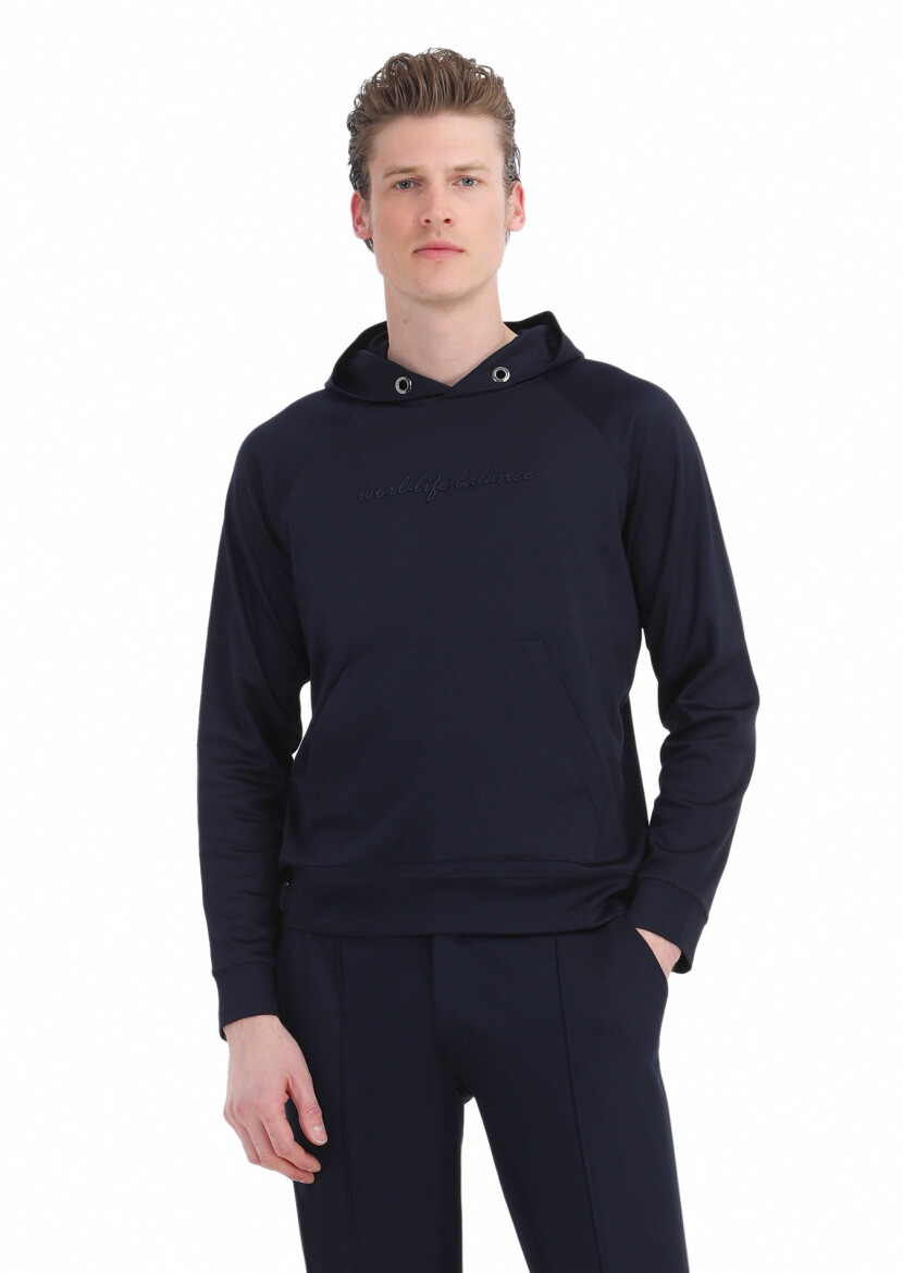 Navy Blue Hooded Plain Sweatshirt - 1