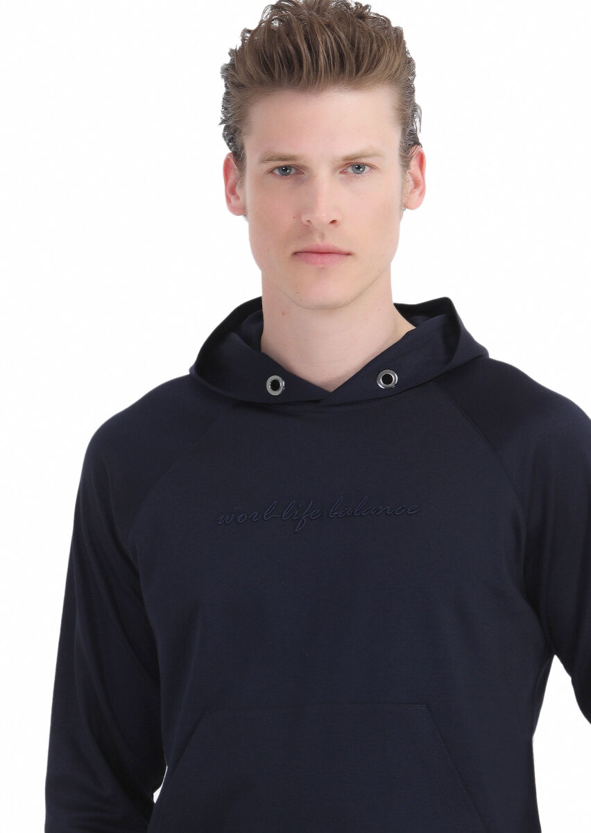 Navy Blue Hooded Plain Sweatshirt - 3