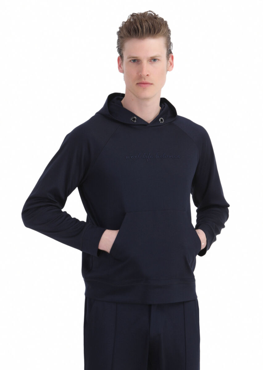 Navy Blue Hooded Plain Sweatshirt - 4