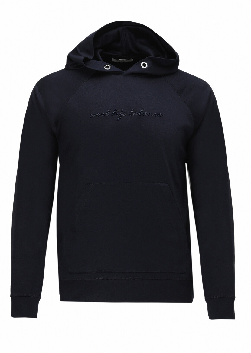 Navy Blue Hooded Plain Sweatshirt - 7