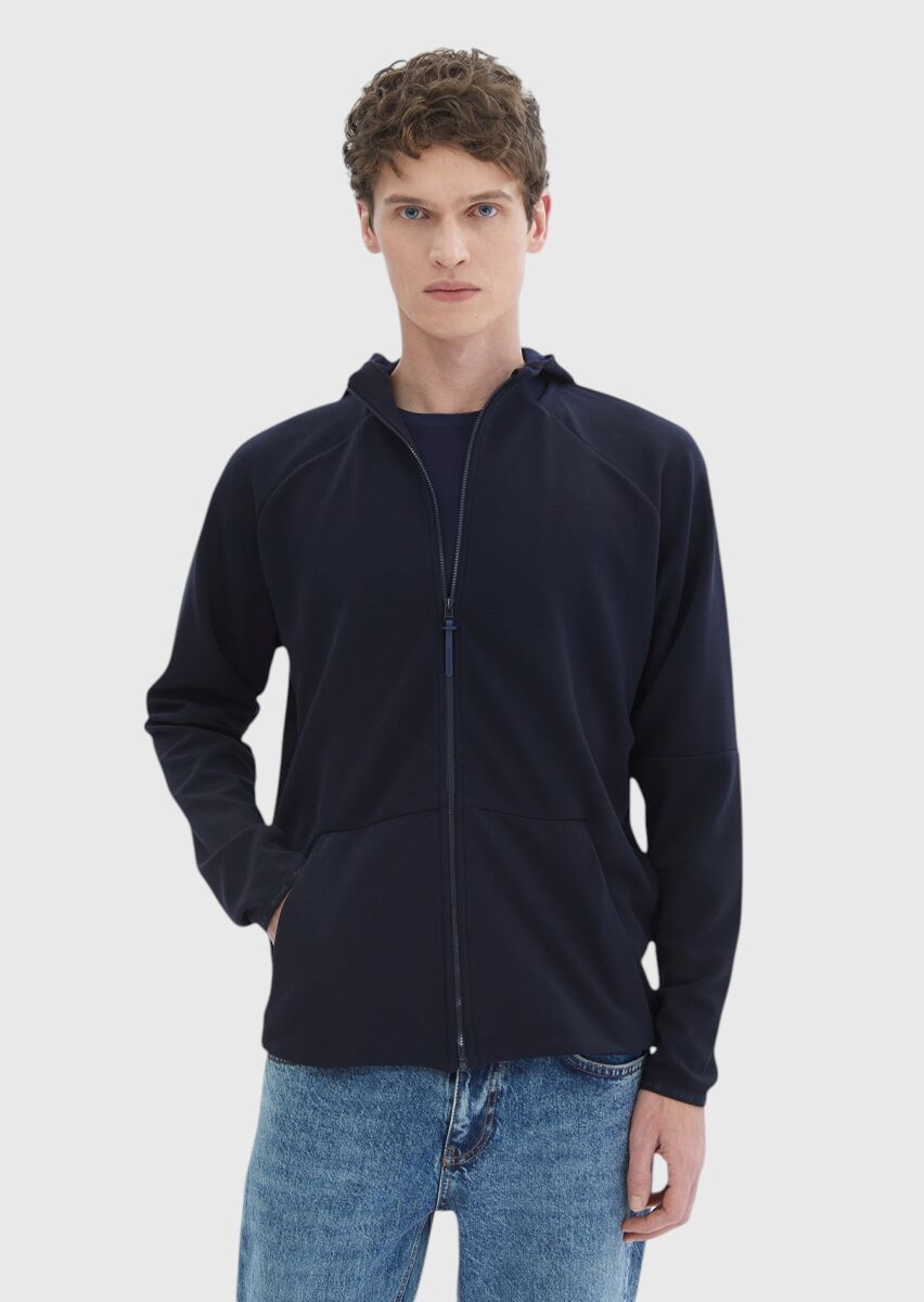 Navy Blue Hooded Plain Sweatshirt - 1