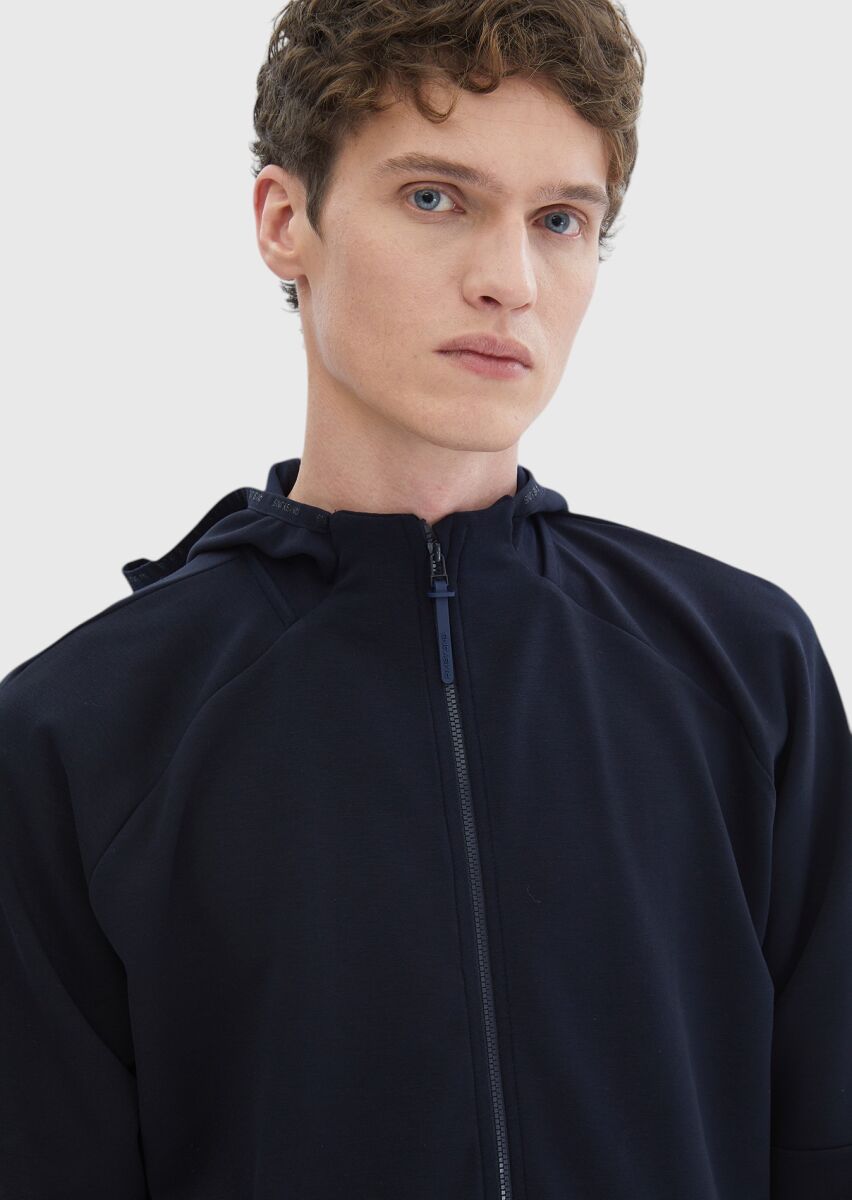 Navy Blue Hooded Plain Sweatshirt - 3