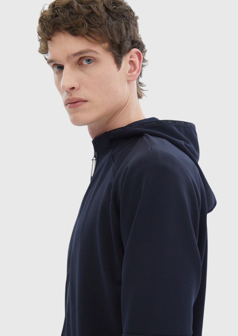 Navy Blue Hooded Plain Sweatshirt - 4