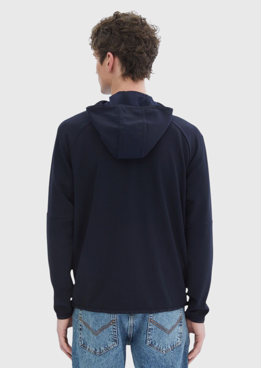 Navy Blue Hooded Plain Sweatshirt - 6