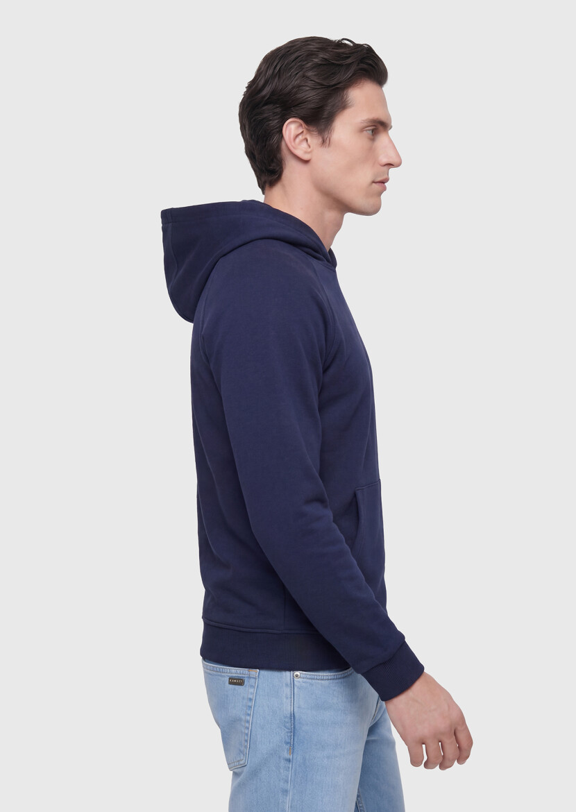 Navy Blue Hooded Plain Sweatshirt - 3