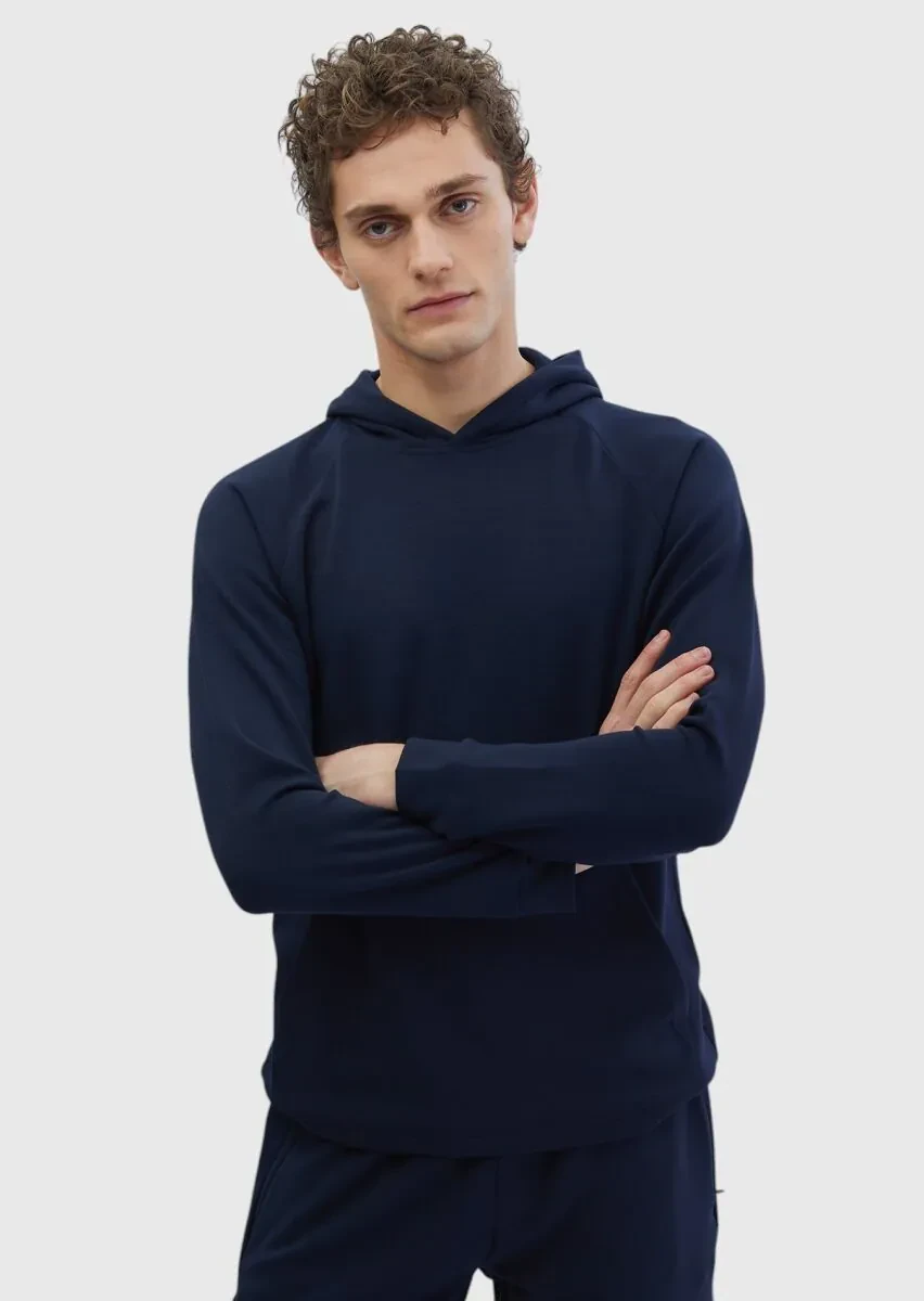 Navy Blue Hooded Plain Sweatshirt - 1