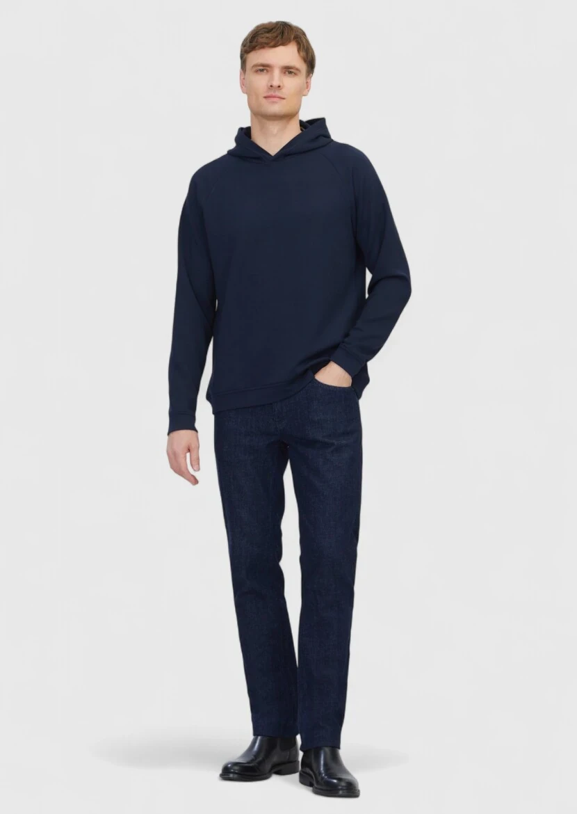 Navy Blue Hooded Plain Sweatshirt - 2