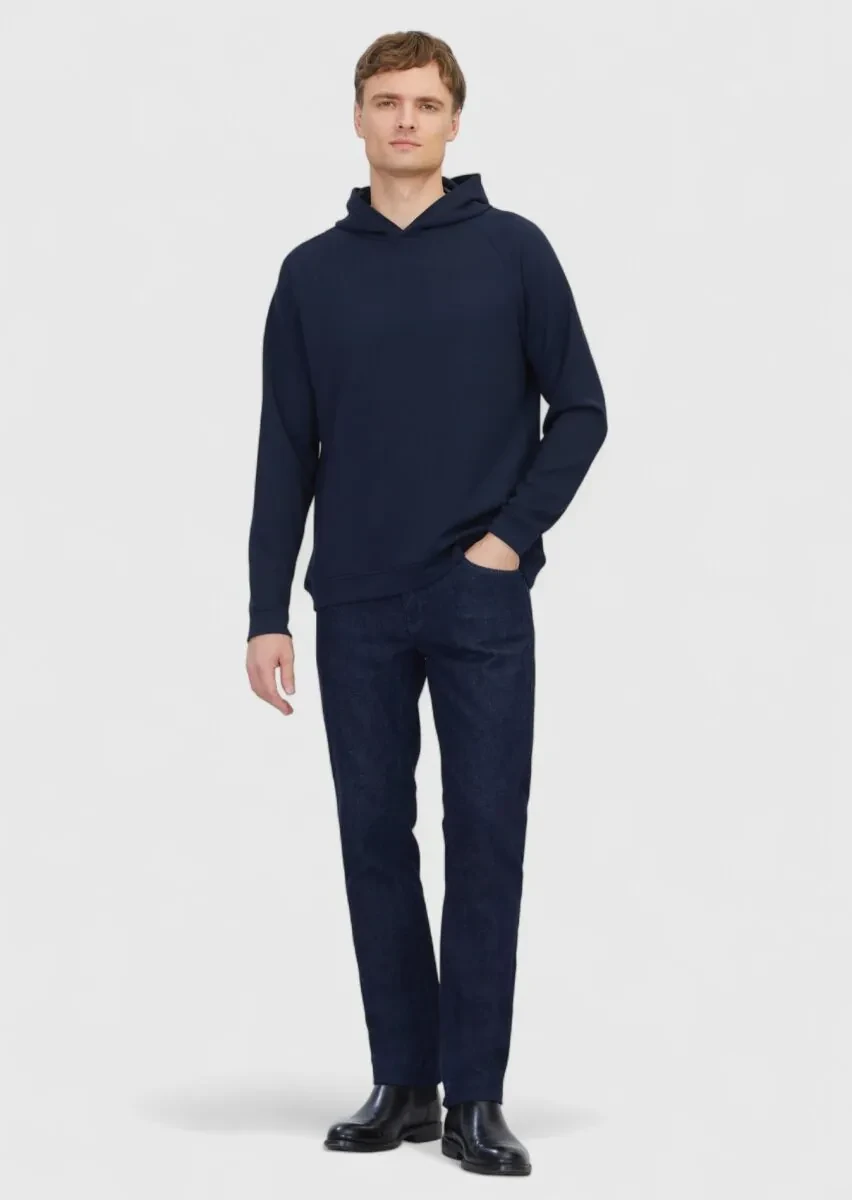 Navy Blue Hooded Plain Sweatshirt - 2